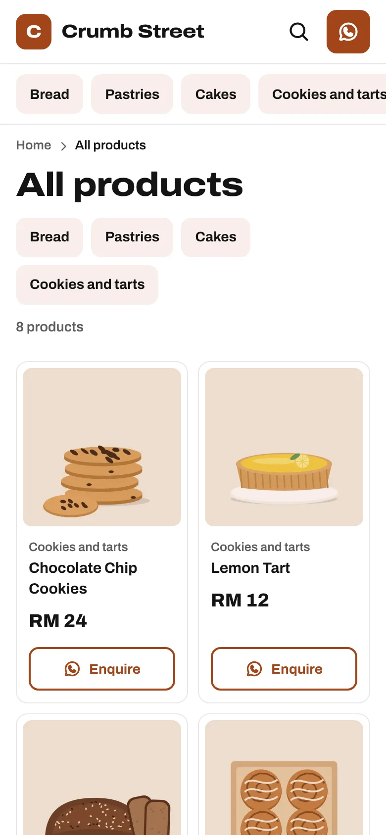 A bakery’s products on a phone, two per row, with prices.