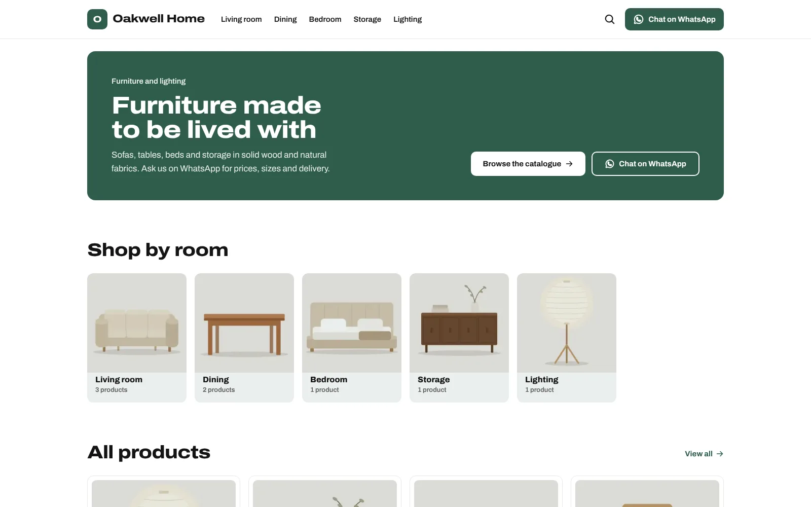 A sample furniture shop's catalogue: categories, then products, each with a WhatsApp button.